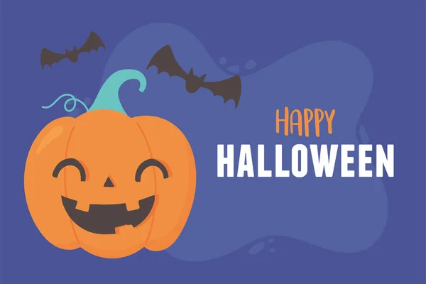 Feliz halloween sonriente calabaza y murciélagos voladores tarjetas — Archivo Imágenes Vectoriales