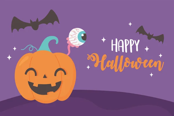 Счастливого Хэллоуина смешной тыквы жуткий глаз и летучих мышей карты — стоковый вектор