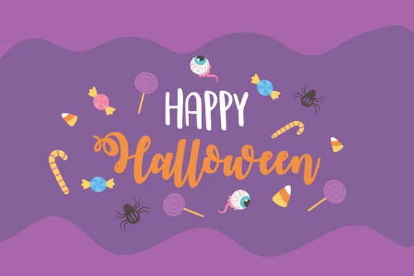 Счастливый Хэллоуин, лечить или трюк конфеты палочки жуткие глаза пауков карты — стоковый вектор