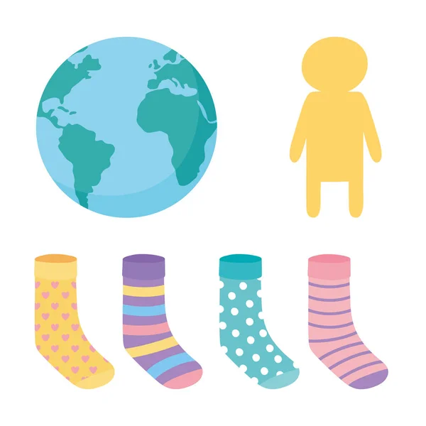 Wereld beneden syndroom dag, wereld sokken en kinderen pictogrammen — Stockvector