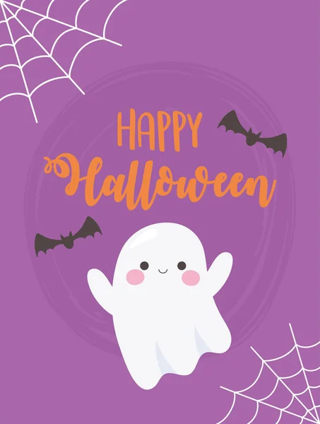 Feliz halloween lindo fantasma murciélago y telaraña cartel — Vector de stock