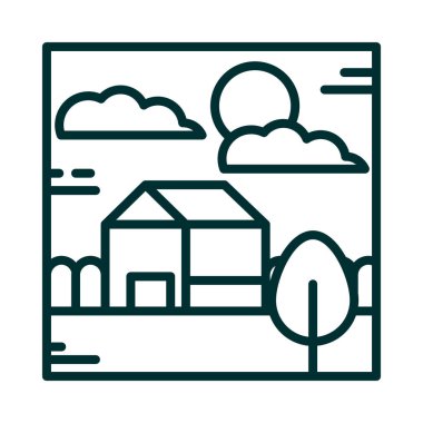 manzara kır evi çitleri güneş gökyüzü çizgi çizgi çizgisi simgesi tarzı