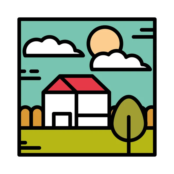 Paisaje casa campo árbol cerca sol cielo dibujos animados línea y estilo de relleno — Vector de stock