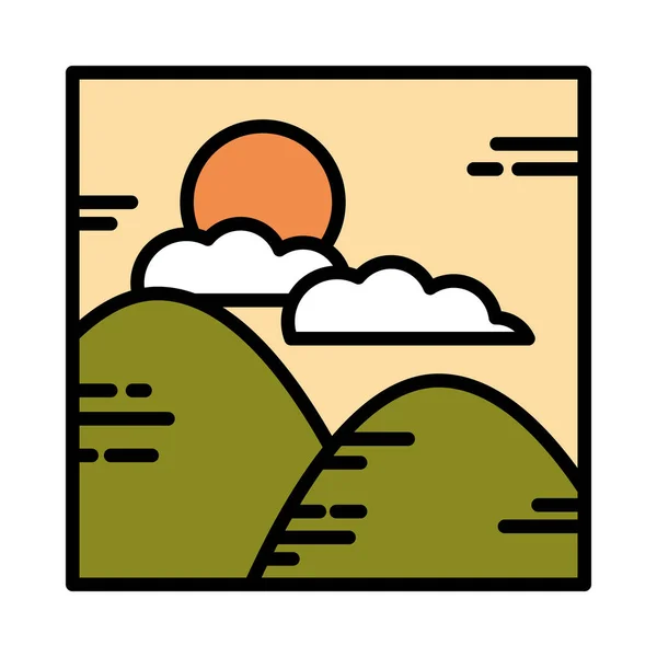 Paisaje montañas naturaleza nubes sol línea de dibujos animados y estilo de relleno — Vector de stock