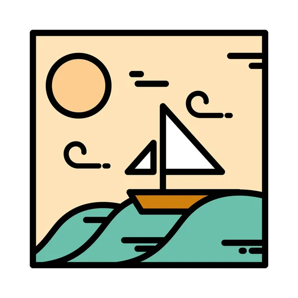 Barco de paisaje en la línea de dibujos animados del sol del viento del mar y estilo de relleno — Vector de stock