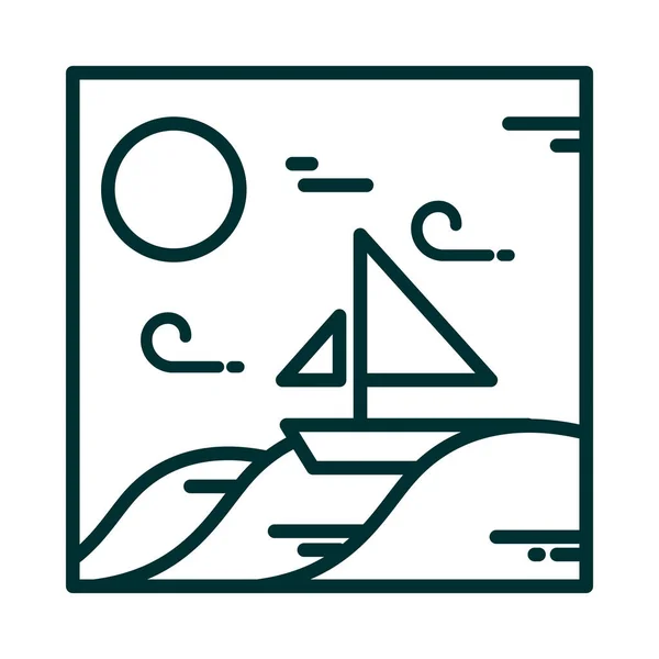 Paisaje barco en el viento del mar sol línea de dibujos animados icono de estilo — Vector de stock