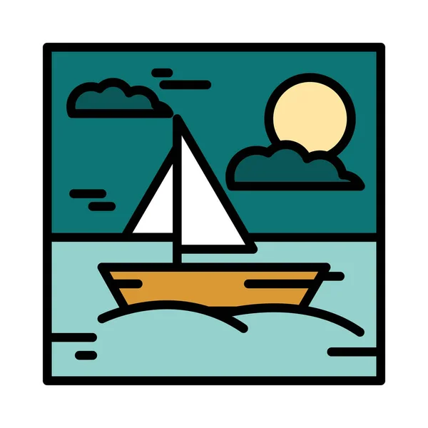 风景帆船海洋云彩阳光卡通画线和填充风格 — 图库矢量图片