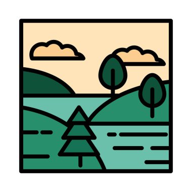 manzara gölü tepeleri ağaçlar gökyüzü bulutlar çizgi çizgi çizgi ve doldurma tarzı