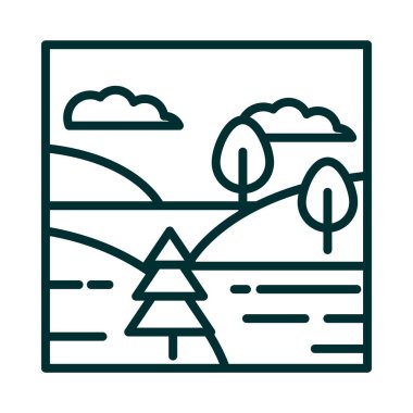 peyzaj gölü tepeleri gökyüzü bulutları çizgi çizgi çizgi simgesi tarzı