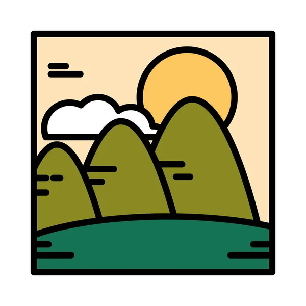 Paisaje montañas campo naturaleza sol nube cielo dibujos animados línea y relleno estilo — Vector de stock