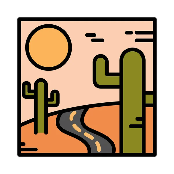 Krajobraz pustynia droga kaktusy piasek słońce natura scena linia i wypełnić styl — Wektor stockowy
