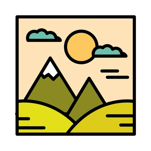 Peyzaj dağları güneş bulutları çizgi film çizgisi ve dolgun stil — Stok Vektör