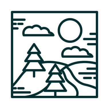 manzara nehir ağacı çam tepeleri güneş bulutları çizgi çizgi çizgi çizgi çizgi ikonu tarzı