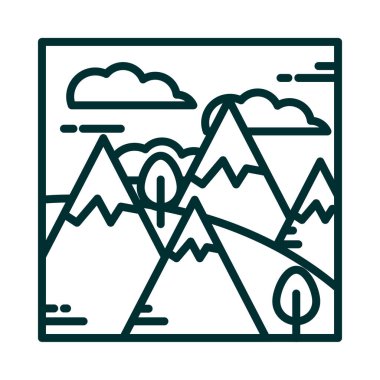 manzara dağları kar ağaçları çimenler bulutlar çizgi film ikonu tarzı