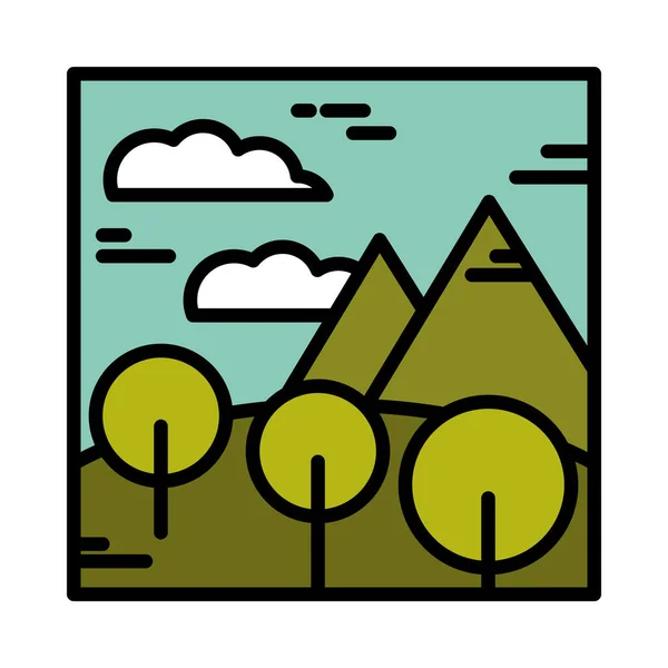 Paisaje montañas alrededor de los árboles campo cielo nubes línea de dibujos animados y estilo de relleno — Vector de stock