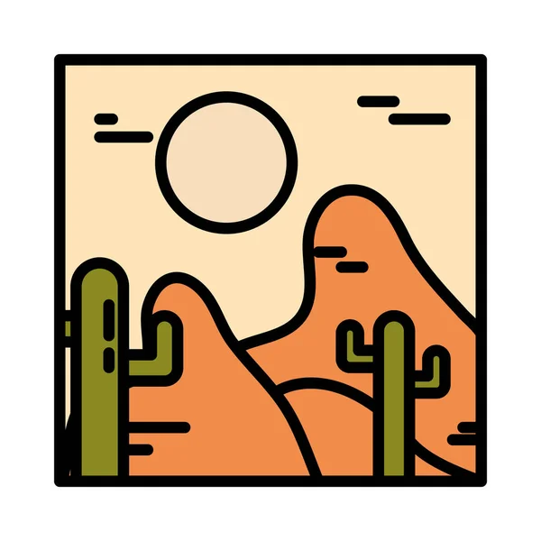 Paisaje árido desierto cactus sol salvaje línea y relleno estilo — Vector de stock