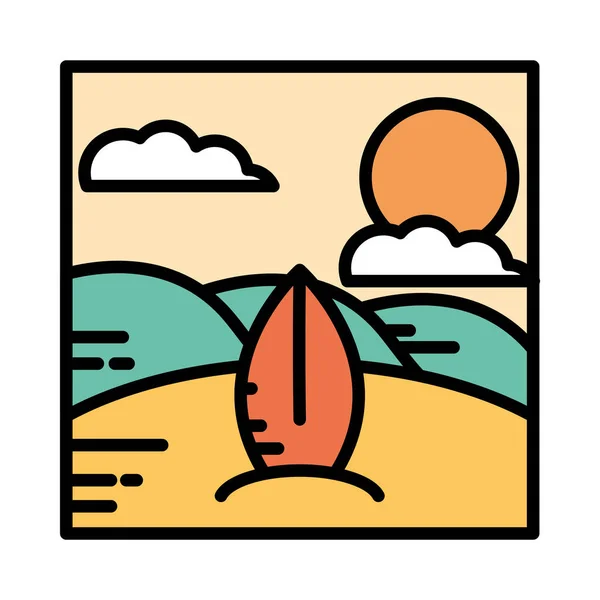 Landscape tropical beach sand surfboard sea sunset cartoon line and fill style — Stock Vector