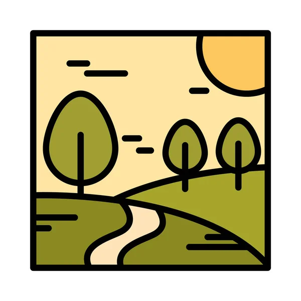 Paysage chemin arbres prairie nature soleil ciel dessin animé ligne et remplir style — Image vectorielle