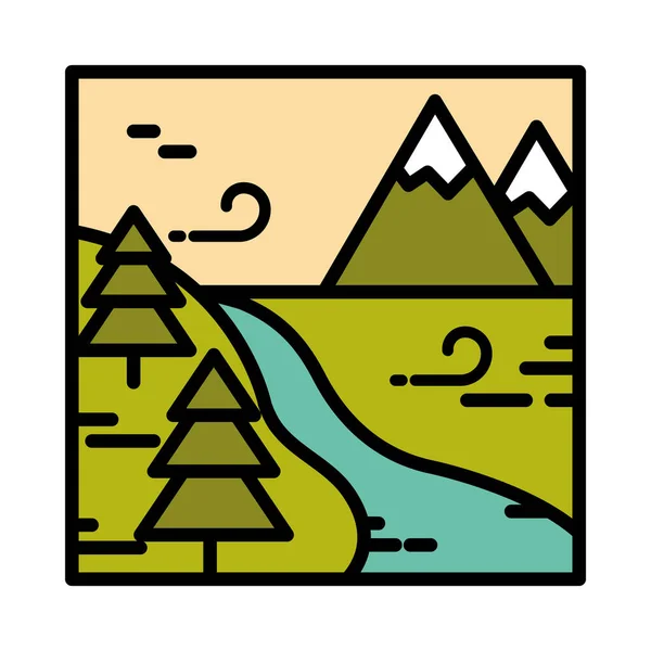 Paysage montagnes pins arbres rivière prairie nature dessin animé ligne et remplir style — Image vectorielle