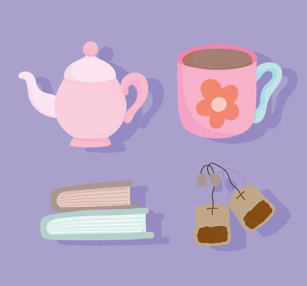 Te tid, rosa tekanna kopp böcker och tekanna, kök keramiska dryckesvaror, tecknad design — Stock vektor