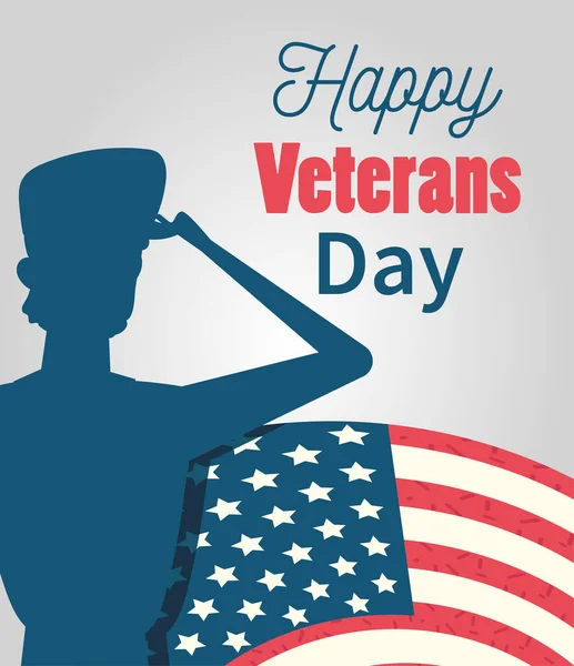 Buon giorno ai veterani, soldato che saluta la bandiera americana — Vettoriale Stock