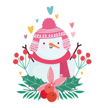 Mutlu Noeller, kardan adam çiçeği ökseotu ve kalpler, kutlama kartı.