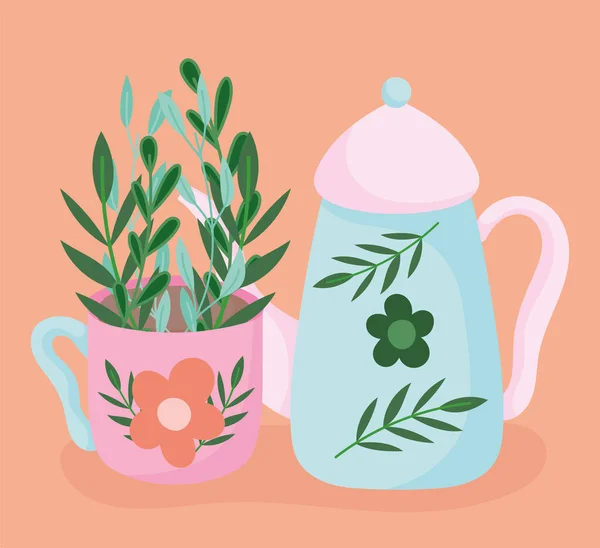 Чай время, чайник и чашка цветок ветви печати, кухня керамические посуда, цветочный дизайн мультфильм — стоковый вектор