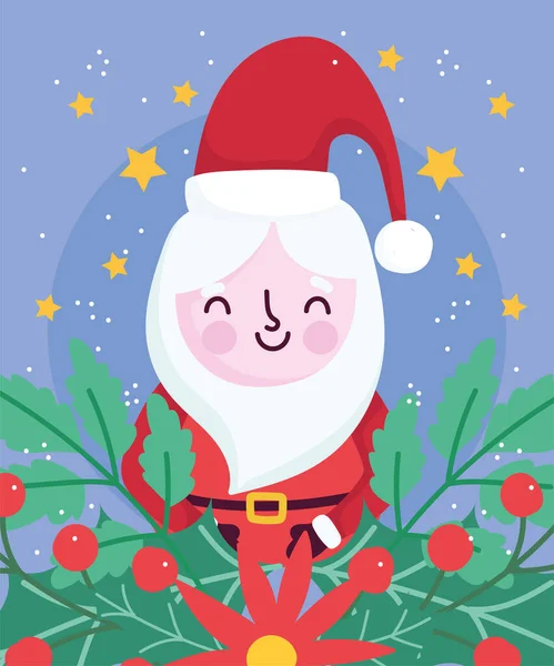 Frohe Weihnachten, Weihnachtsmann Blume Misteln und Sterne, Dekoration Feierkarte zur Begrüßung — Stockvektor