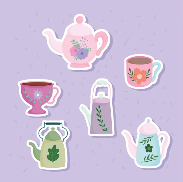 Чай чайники и чашки цветочные листья наклейки, кухня керамические посуда, цветочный дизайн мультфильм — стоковый вектор