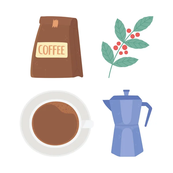 Міжнародний день кавового пакету чашковий чайник та іконки гілок — стоковий вектор