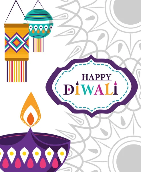 Happy diwali festival, diya lamp light lanterns mandalas background — Stock Vector