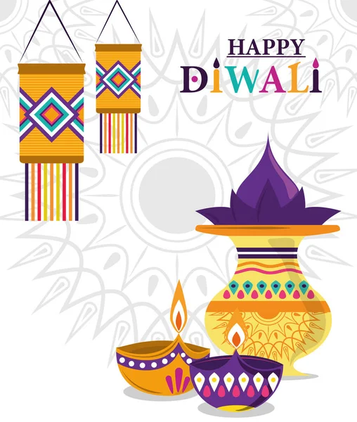 Szczęśliwy festiwal Diwali, latarnie diya lampy kultury hinduizm uroczystości — Wektor stockowy