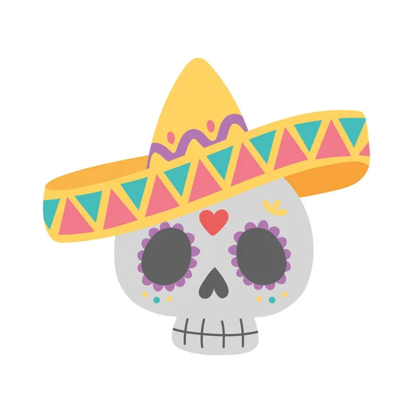 Día de los muertos, cráneo con sombrero tradicional celebración mexicana — Vector de stock