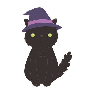 Mutlu cadılar bayramı, şapka kostümlü siyah kedi çizgi film karakteri izole tasarım ikonu