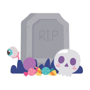 Cadılar Bayramı 'nız kutlu olsun. Kafatası, ürkütücü gözler ve şekerler.