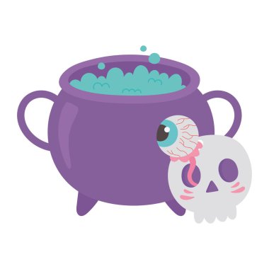 Mutlu cadılar bayramı kazanı kafatası ve ürkütücü göz karikatürü