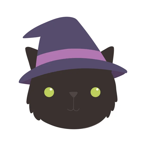 Glad halloween, söt ansikte svart katt med hatt kostym isolerad design ikon — Stock vektor