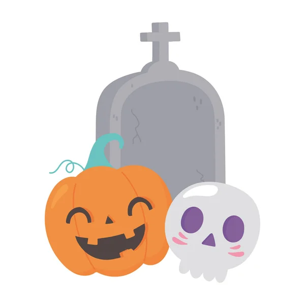 Happy halloween pumpkin tombstone and skull cartoon — Stock Vector