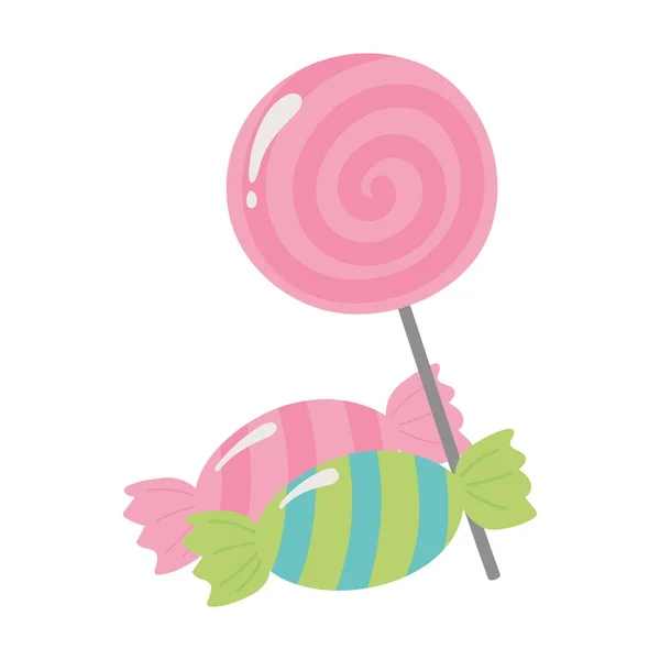 Caramelos en palo y caramelos envueltos icono de diseño aislado — Archivo Imágenes Vectoriales