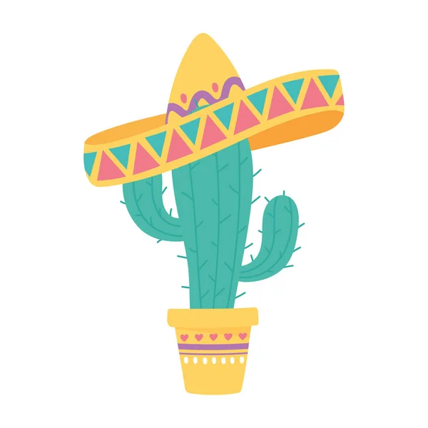 Día de los muertos, cactus en maceta con celebración tradicional mexicana sombrero — Vector de stock