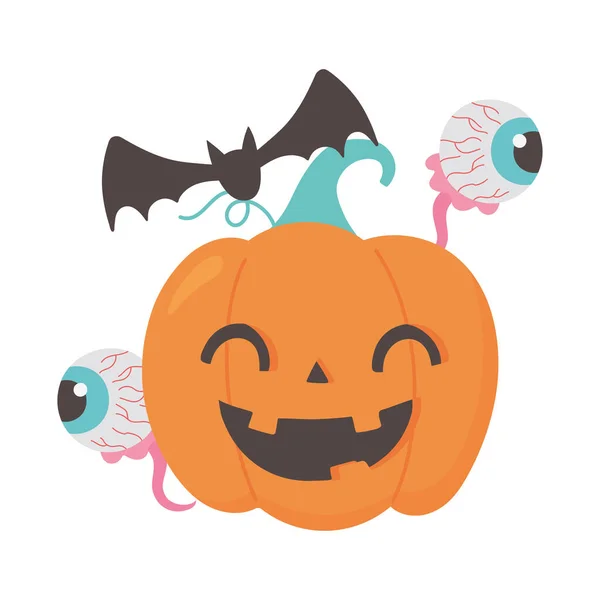 Happy halloween funny pumpkin creepy eyes and bat — Stock Vector