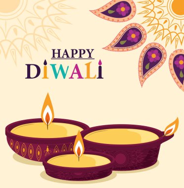 Mutlu diwaliler, çiçekler mandala diya lambaları ışık festivali kutlaması