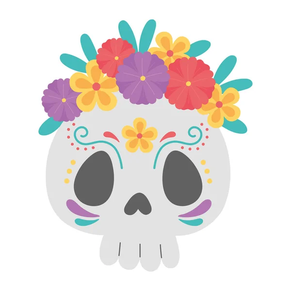 Día de los muertos, calavera de azúcar catrina con flores celebración mexicana — Vector de stock