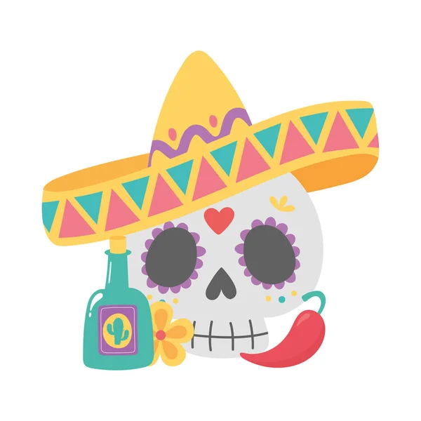 Jour des morts, crâne avec chapeau tequila piment et fleur mexicaine célébration — Image vectorielle