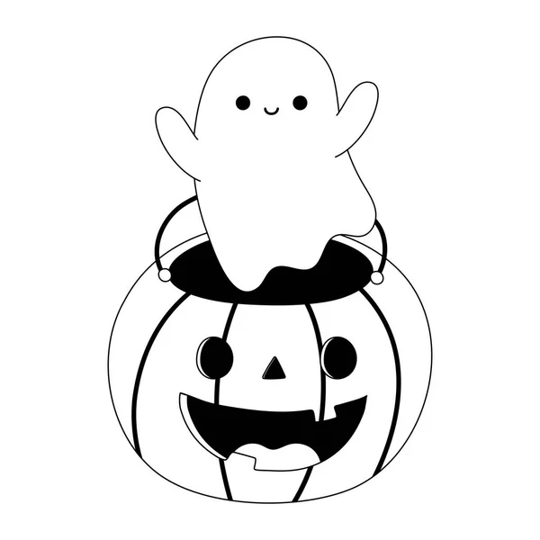 Heureux halloween seau en forme de citrouille et style de ligne de dessin animé fantôme mignon — Image vectorielle