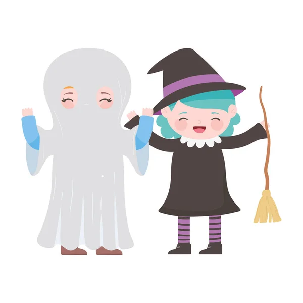 Happy halloween, boy ghost and girl witch with broom costumes — Stock Vector
