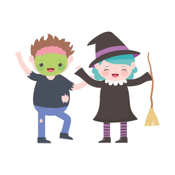 Šťastný Halloween, děti se zombie a čarodějnické kostýmy karikatury — Stockový vektor