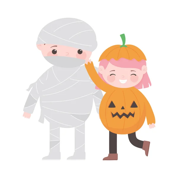 Szczęśliwy halloween, chłopiec mamusia i dziewczyna dynia kostiumy kreskówki — Wektor stockowy
