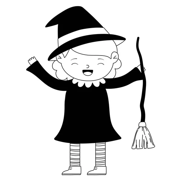 Feliz dia das bruxas, menina bruxa traje desenho animado personagem isolado design ícone linha estilo —  Vetores de Stock
