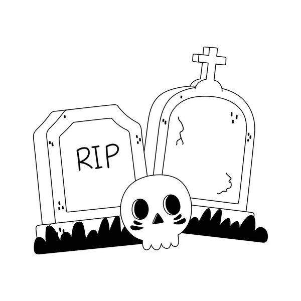 Feliz cementerio de las lápidas de Halloween y estilo de línea de cráneo — Vector de stock